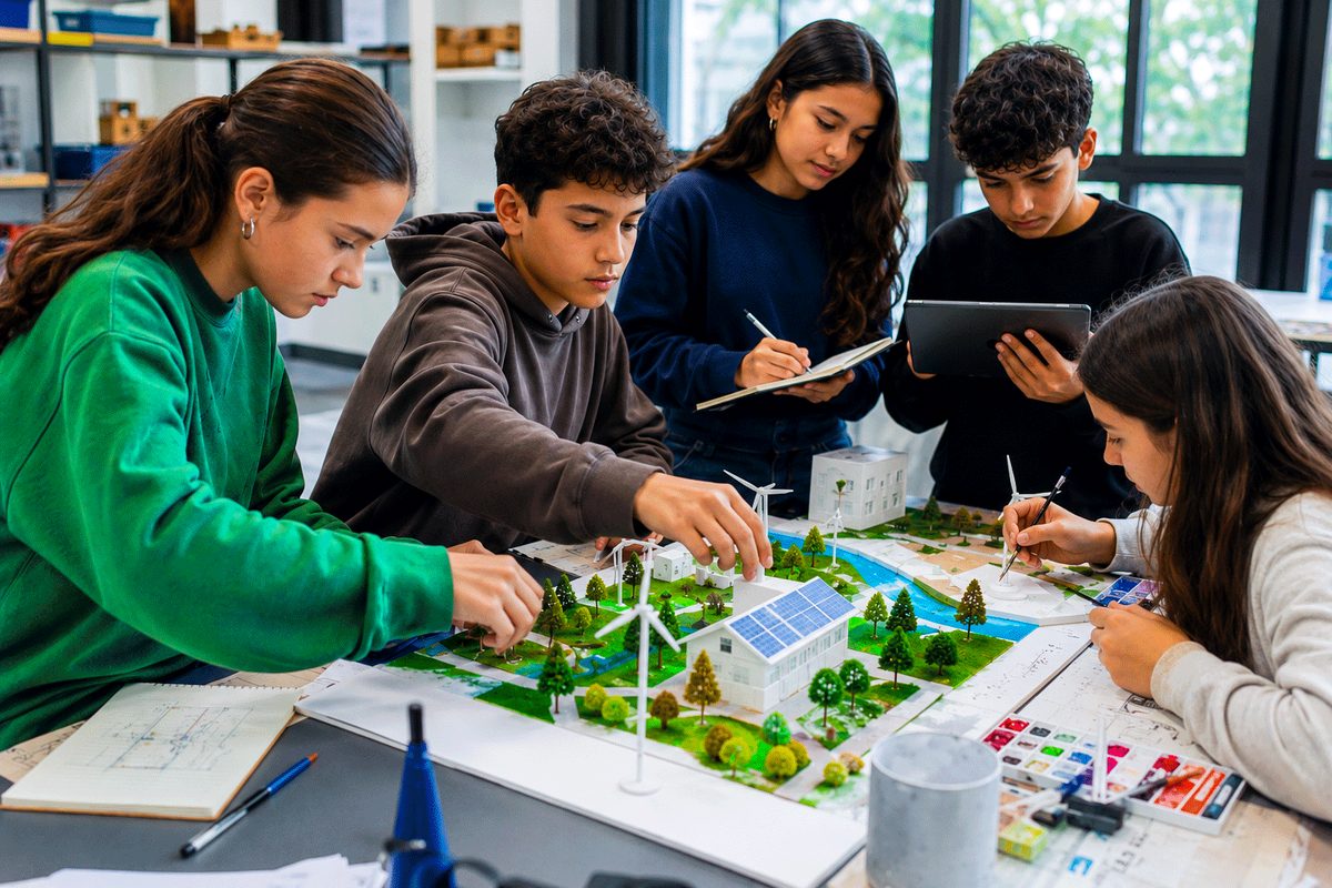 Alumnos de secundaria construyendo juntos la maqueta de una ciudad sostenible, con paneles solares y aerogeneradores