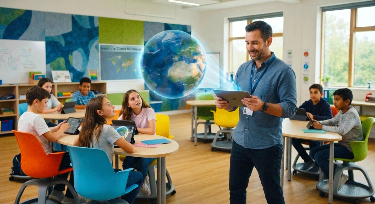 Docente con una tableta guiando una clase de geografía mientras sus alumnos trabajan en equipo