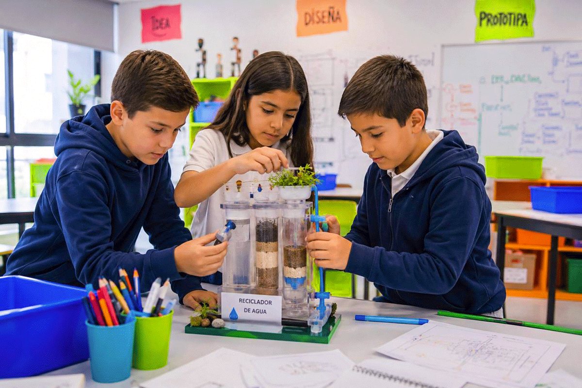 Tres alumnos construyendo juntos un prototipo de reciclador de agua en clase